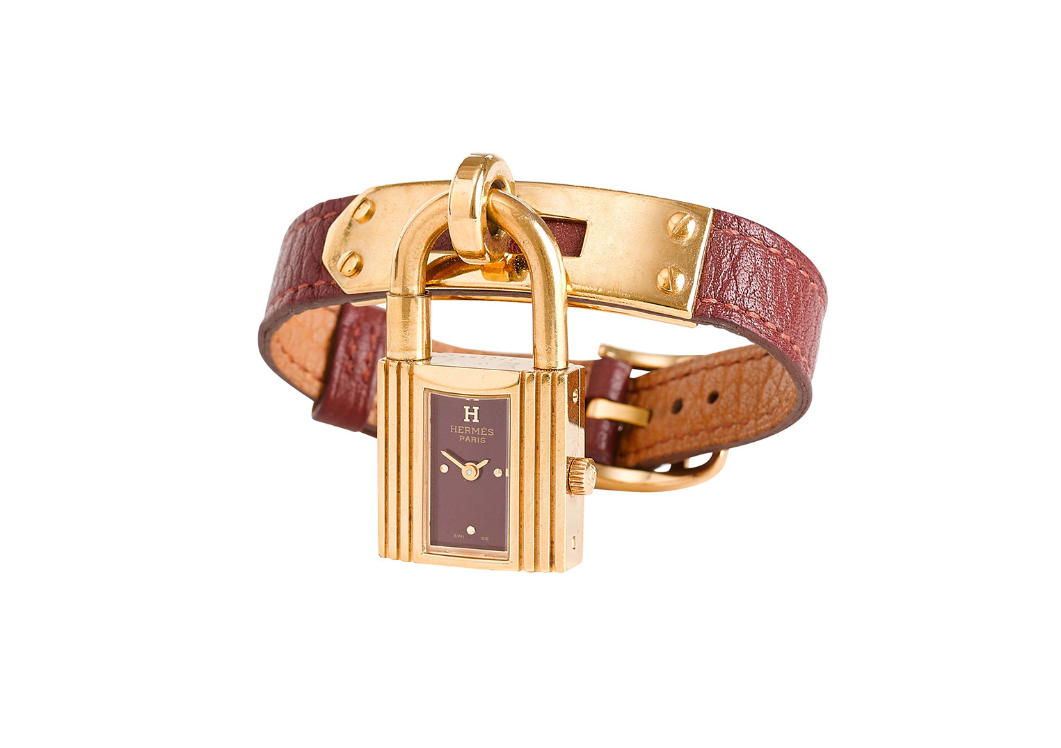 Vintage Hermes 'Kelly' Watch with Rouge H Chevre Leather Strap