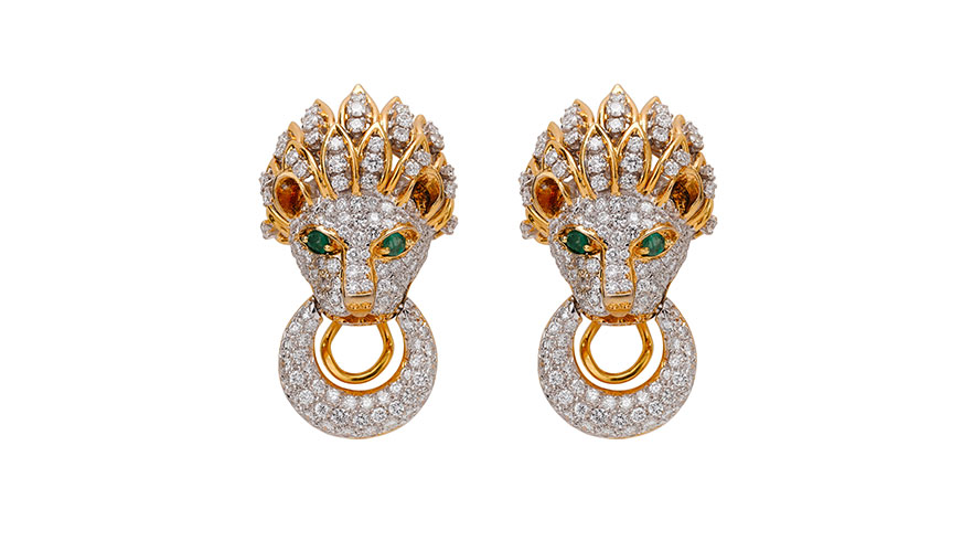 18k Lion’s Head Earrings with Diamonds and Emeralds