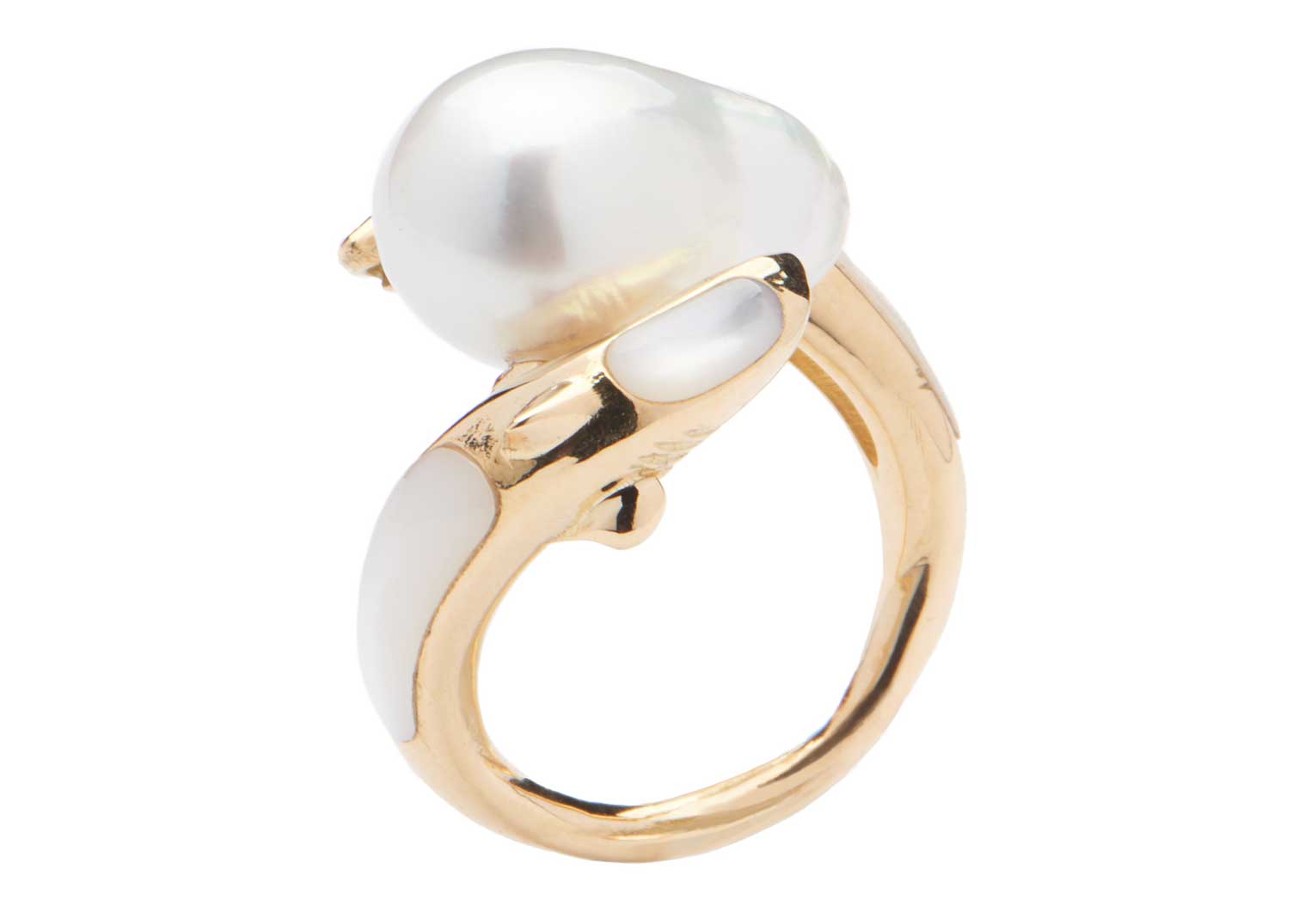 Jordan Askill 18K Gold Shark Spiral Pearl Ring | Latest Revival